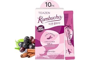 TEAZEN Mulled Wine Kombucha Tea, Spice Tea, Live Probiotics & Postbiotics, Relaxation and Warmth for Colds and Sore Throat, Electrolyte & Hydration Drink Mix, Sugar Free, 10 Sticks, 1.76oz