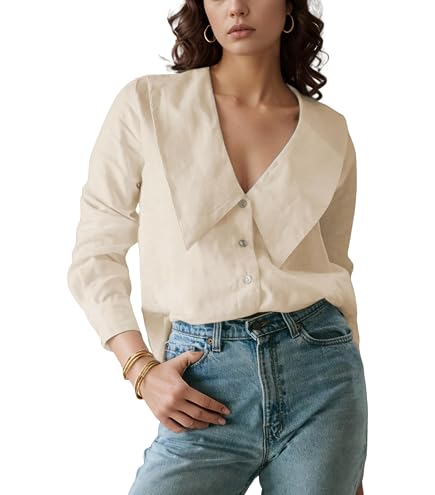 Amazon.com: Daacee Women s Big Collar Cotton Linen Blouses Dressy