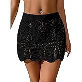 Verdusa Women's Hollow Out Knit Scalloped Elastic Waist Swimsuit Beach Cover Up Mini Skirt