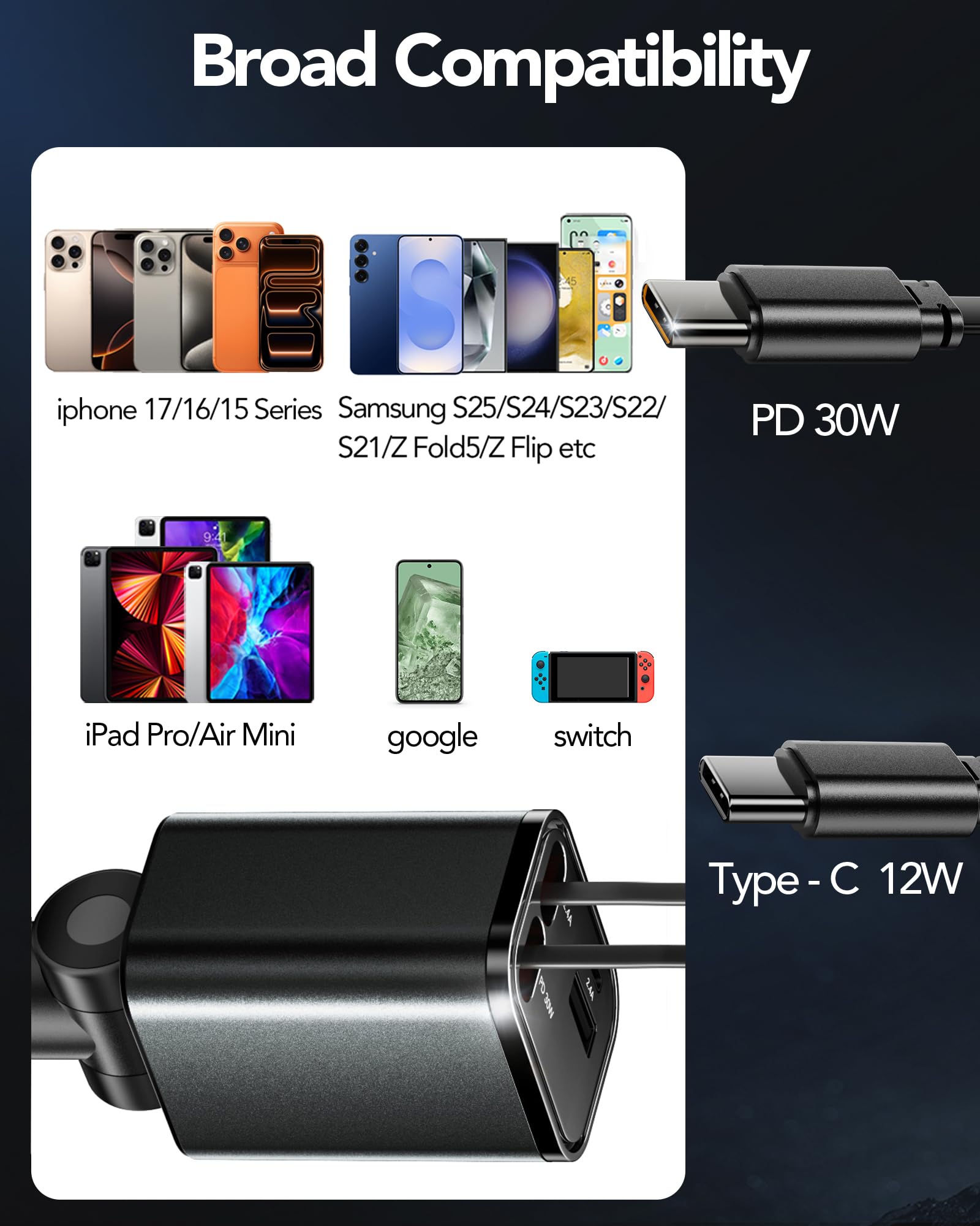 4 in 1 Einziehbares Auto Ladegerät mit Kabel Zigarettenanzünder USB 6