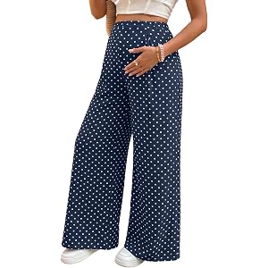 BLENCOT Women's Maternity Flowy Pants Polka Dot Pregnancy Trousers | Elegant Polka Dot Elastic High Waisted Pregnancy Pants,D