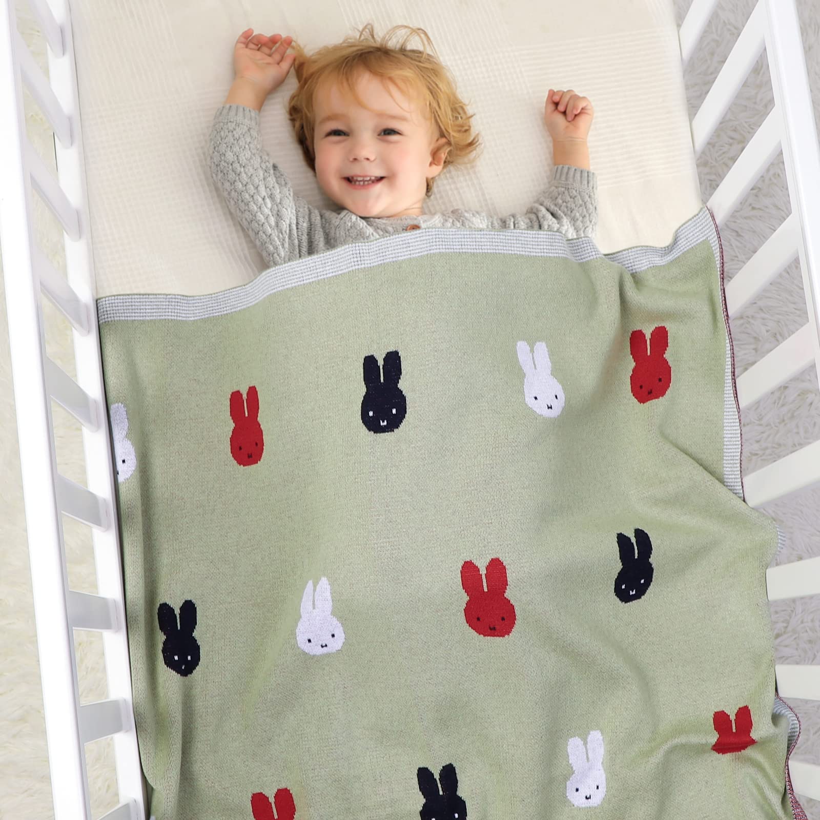 DovFanny Newborn Baby Super Soft Knitted Blanket Toddler Unisex Boys Girls 100% Cotton Banket with Lovely Rabbit Pattern 100 x 80cm Light Green