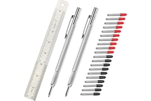 guti-more 2 Pack Tungsten Carbide Scriber with Magnet,with Extra 20 Replacement Marking Tips and 8Inches Ruler, Etching Engraving Pen for Glass/Ceramics/Metal Sheet