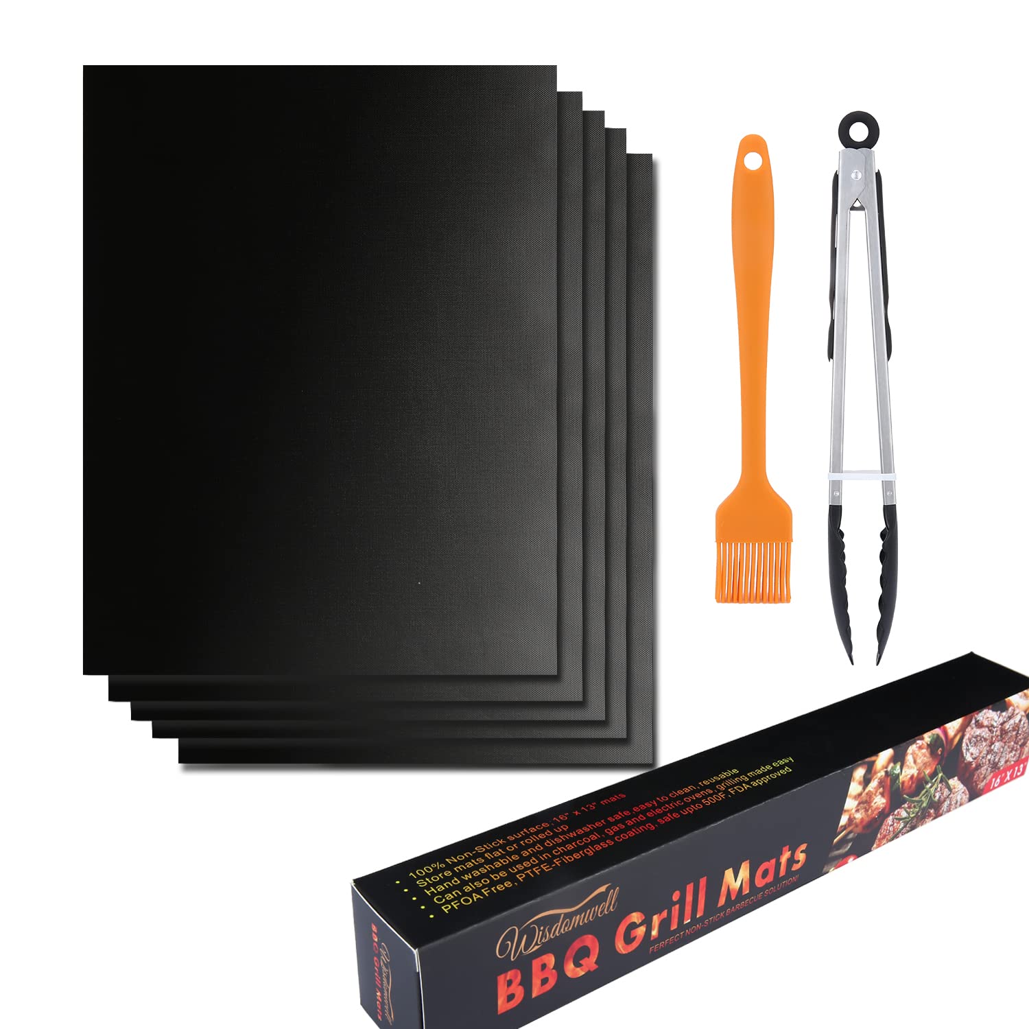 WISDOMWELL BBQ Grill Mat Set of 5 Non Stick Teflon Barbecue Baking Mats for Charcoal, Gas or Electric Grill - Heat Resistant, Reusable and Easy to Clean Free 12" BBQ Tongs and Silicone Brush