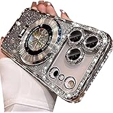 Changjia Magnetic Kickstand Glitter Case for iPhone 17 Pro, [Compatible with Magsafe] Cute Luxury Bling Sparkly Diamond Rhinestones with Camera Lens Protector Women Girls Case for iPhone 17 Pro,Silver