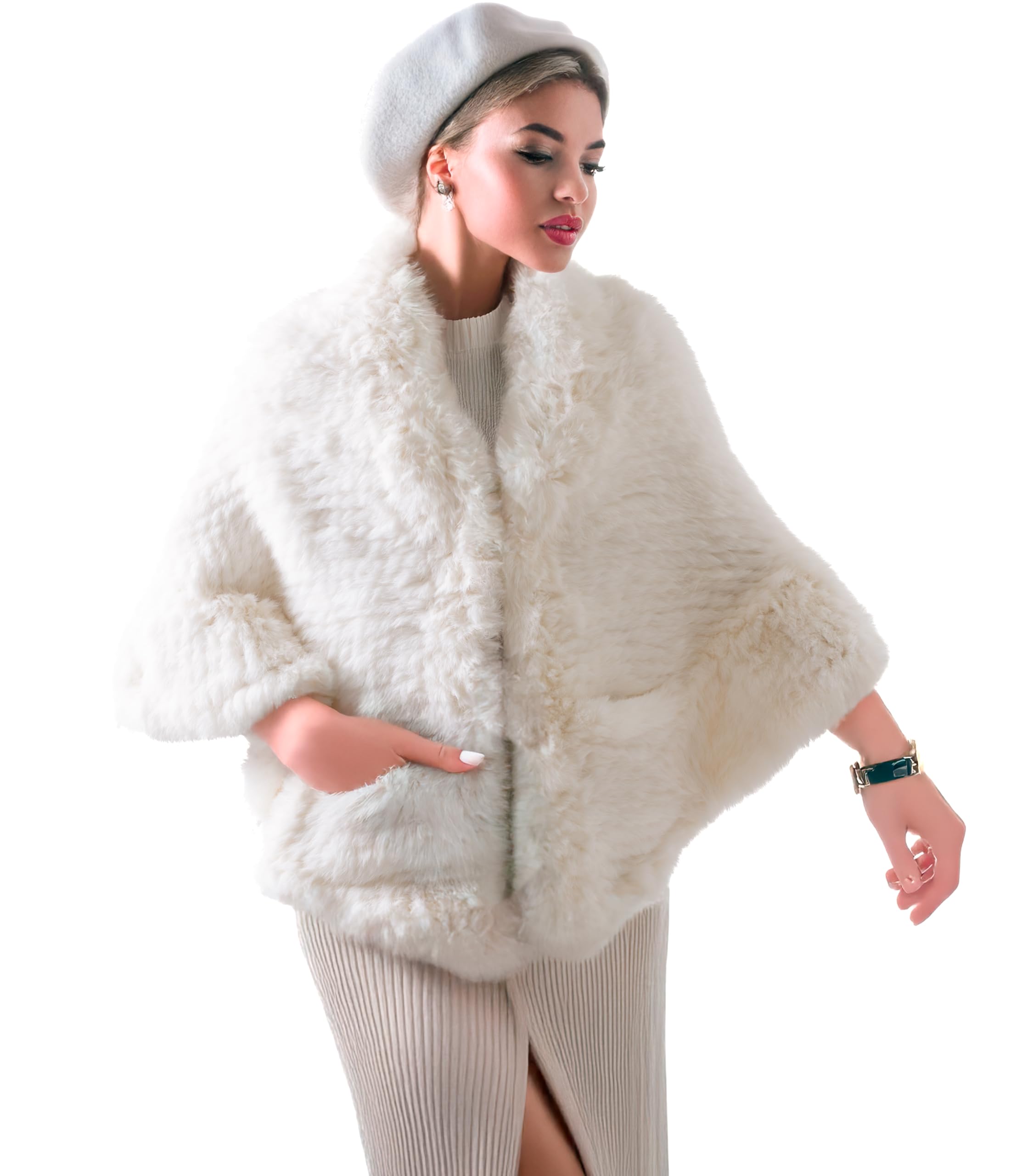 Photo 1 of *USED*
HEIZZI Full-Scale Real Fur Shawl for Wedding with Pockets 2' x 6' Ruffle Poncho Wrap cape for Women Party & Evening Wear (Beige, One Size)