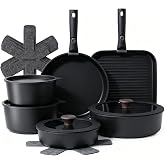 SENSARTE 17 Piece Nonstick Detachable Handle Pots and Pans Set Black | Removable Handle Cookware Set, Induction Cookware Set with Removable Handle, Healthy Non Stick for RV, Dishwasher ＆ Oven Safe