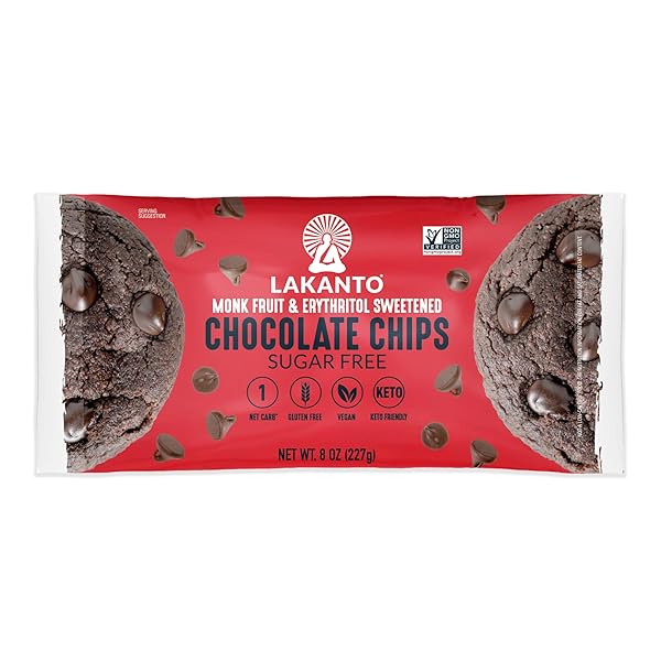 LAKANTO SUGAR FREE CHOCOLATE CHIPS – MONK FRUIT SWEETENER AND ERYTHRITOL, PERFECT FOR BAKING, PANCAKES, MUFFINS, PROTEIN BITES, MELTING, MIXING, SNACKING, GLUTEN FREE, VEGAN (8 OZ – PACK OF 1)