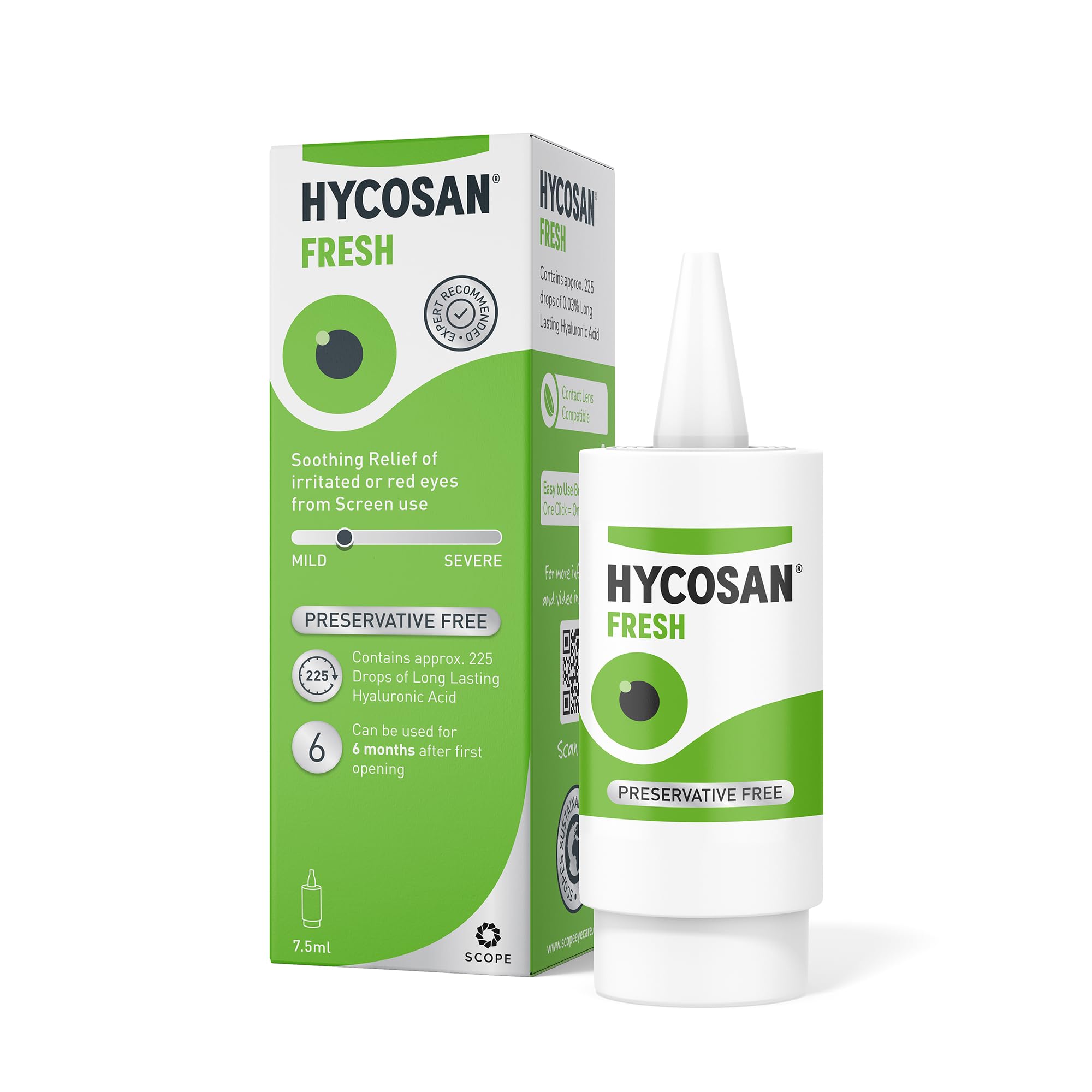Hycosan Fresh - Eye Drops with Hyaluronic Acid for Soothing Relief of Mild Dry Eyes, Irritation, or Redness from Screen Use - Preservative Free - 225 Measured Doses