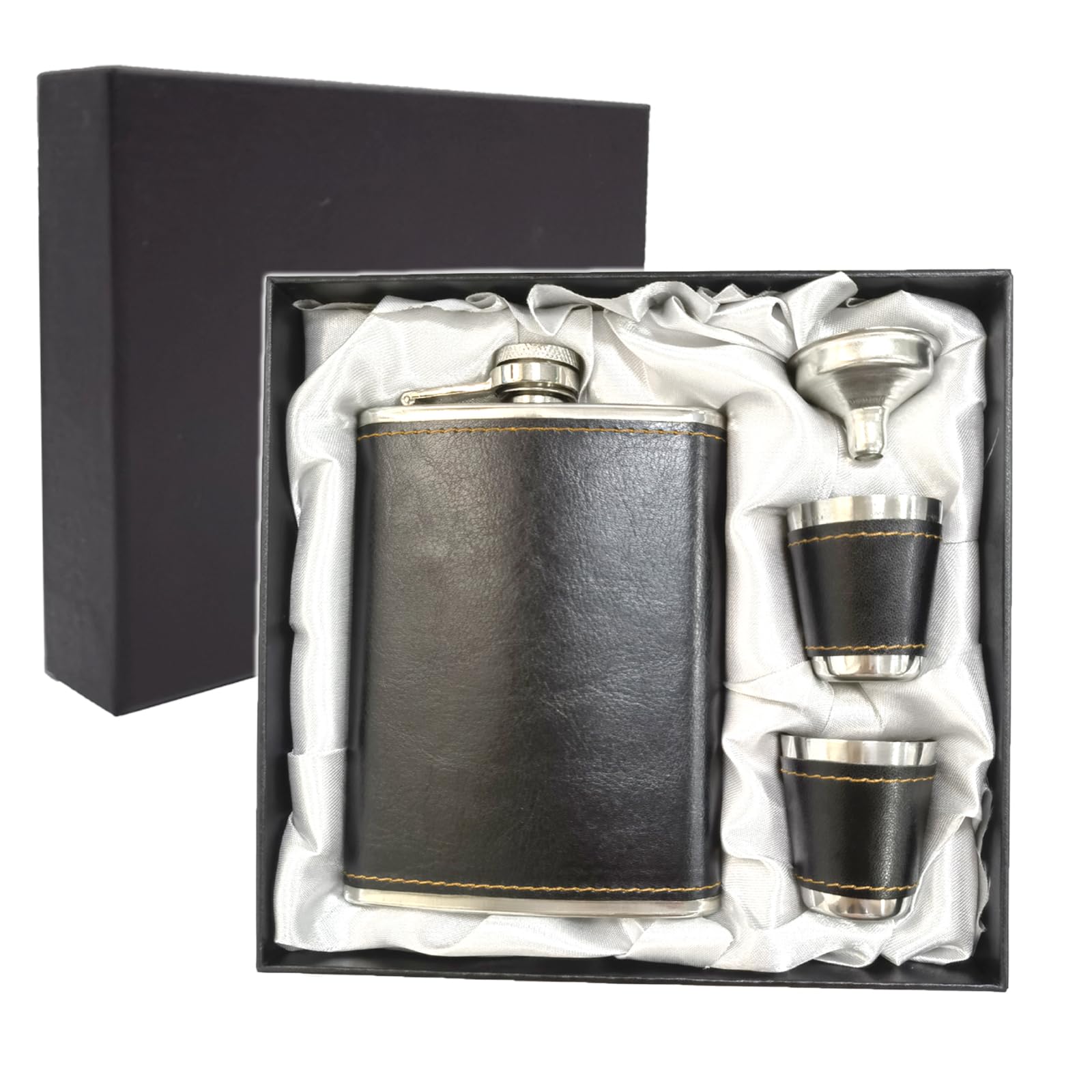 Hip Flask Set with Funnel and Shot Glasses, 8 oz Alcohol Flask Stainless Steel + PU Leather Whiskey Flask, Leak Proof Pocket Hip Flask for Liquor for Men, Black