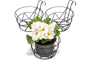 Pumtus 3 Pack Railing Planter Holders, 10'' Round Iron Hanging Fence Pot Basket, Over The Rail Indoor Outdoor Plant Hanger Rack, Black Balcony Flower Stand Shelf for Porch, Railing, Patio, Garden