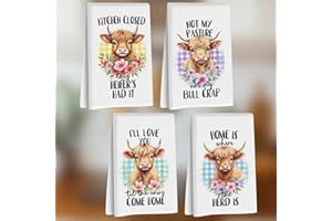 4 Pcs Cute Highland Cow Rustic Kitchen Towels 24x14 Inch, Vintage Watercolor Flower Butterfly Waffle Hand Towels for Kitchen 