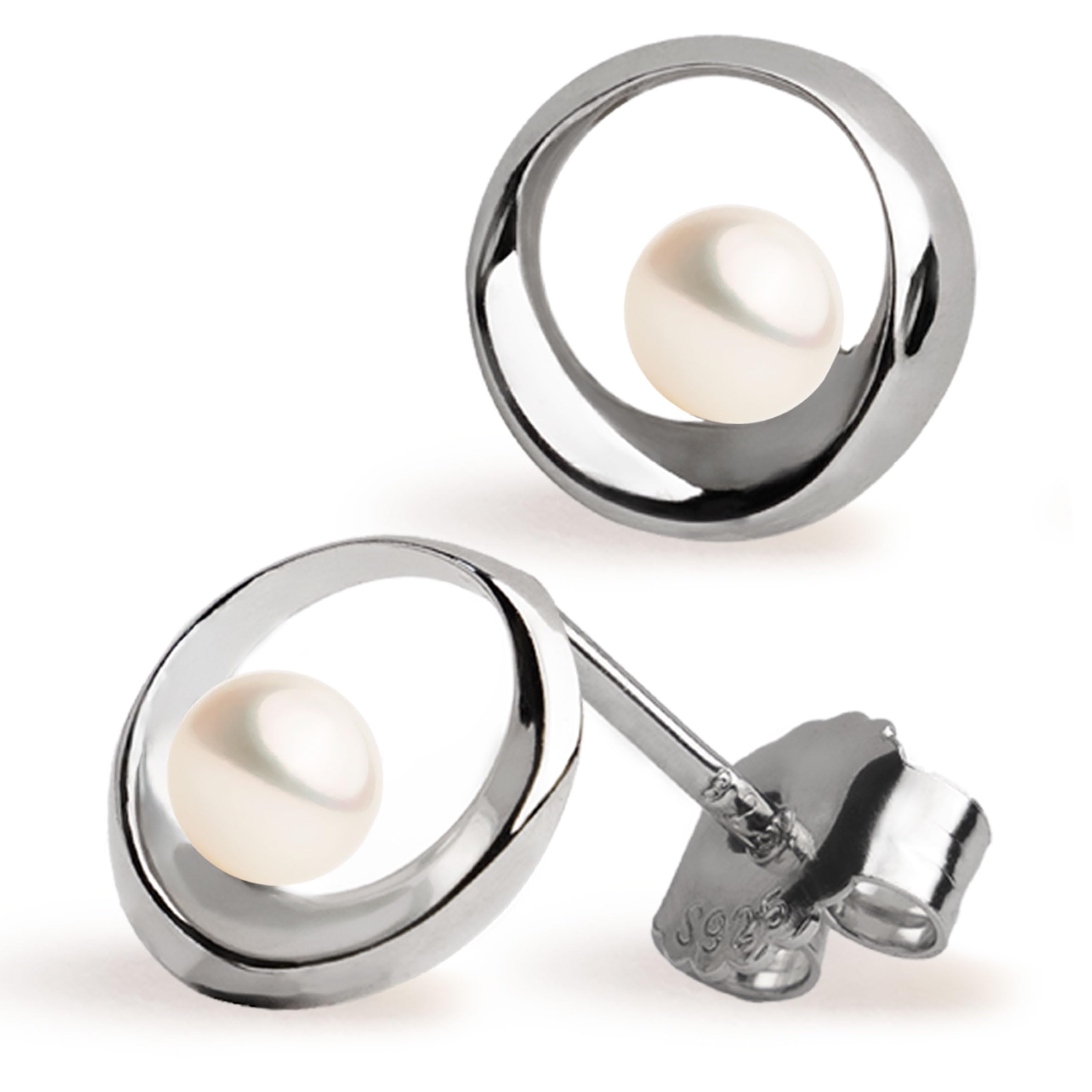 Women Earrings Freshwater Cultured Pearls Round 4mm with Matt and Shiny Silver SECRET & YOU | Sterling Silver 925 mm Rhodiated.