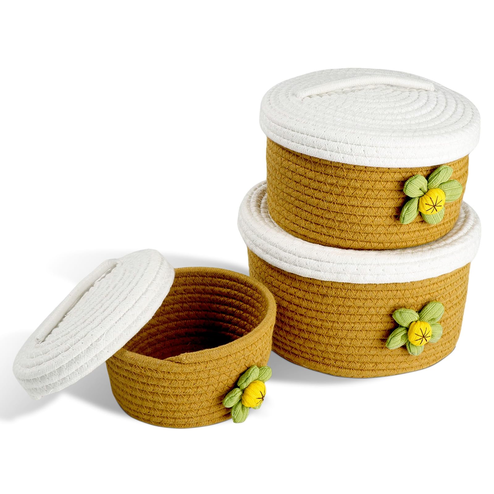Alissvater 3-Piece Cosmetic Storage Basket Made of Natural Cotton Yarn with Lid - Washable and Decorative Basket for Storage
