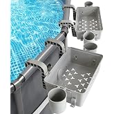 SUGOOE 2Pack Poolside Storage Basket, Swimming Pool Hanging Storage Basket with 2 Skimmer Net Holder 4 Pool Cup Holder for Cups and Towels
