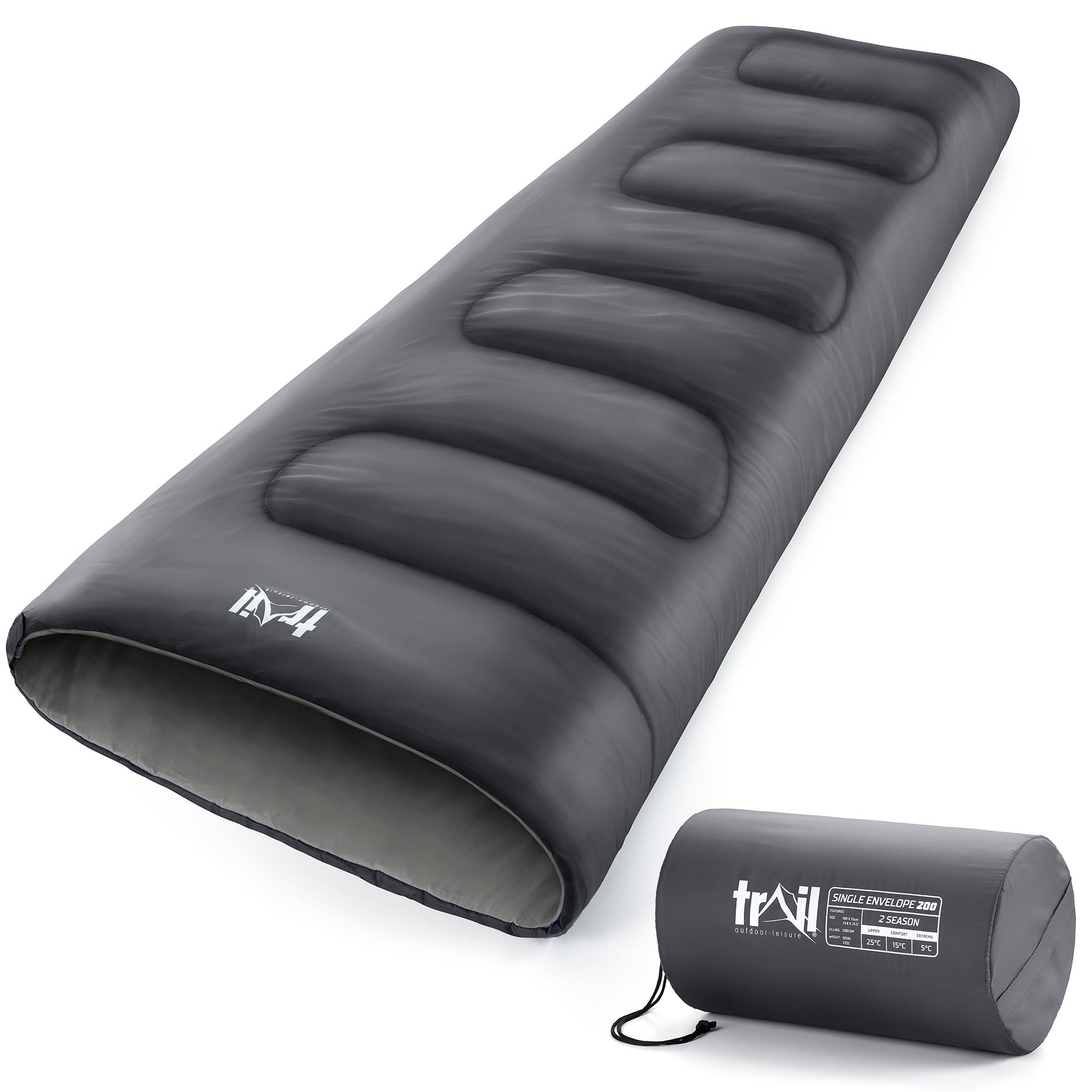 Trail Envelope Sleeping Bag For Adults, Single 2 Season Summer Spring Autumn 200gsm, Outdoor Camping, Lightweight Carry Bag, Storage Pockets, 190cm x 75cm