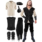Suhine 6 Pcs Men's Halloween Renaissance Costume Set Medieval Vest Shirt Ankle Banded Pants Viking Belt Armband Pouch