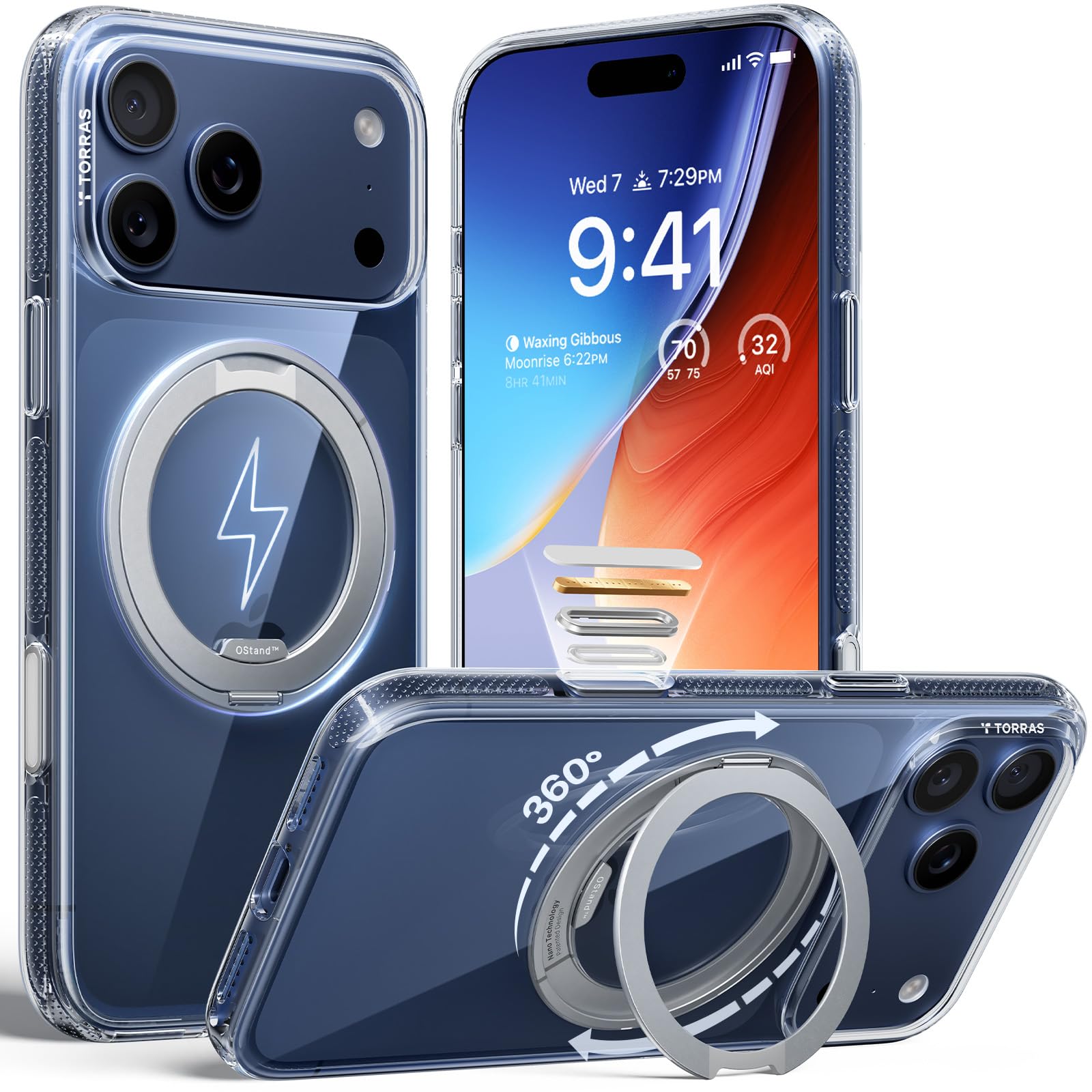 Photo 1 of TORRAS 360 Magnetic Stand for iPhone 17 Pro Case, [Fit for MagSafe] [Rotatable Ring Kickstand] [4X Mil-Grade Shockproof] Slim Phone Cover, Camera Button, Crystal Clear, Transparent, Ostand O3 Fitness
