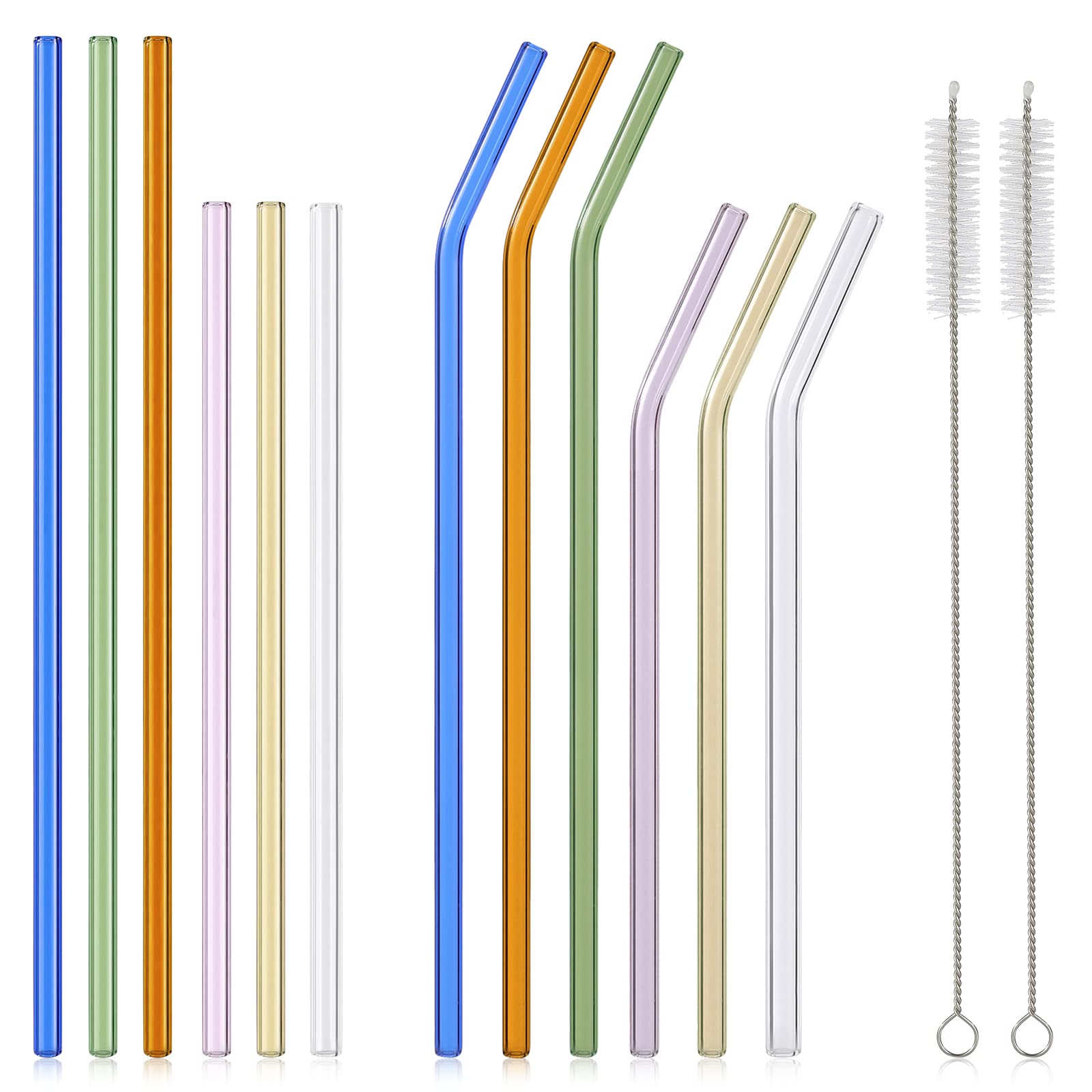 Photo 1 of [12 Pcs] Reusable Colorful Long Glass Straws - 11" x 8mm and 9" x 8mm Shatter Resistant Each Including 3 Straight and 3 Bent with 2 Cleaning Brush Perfect for 30 oz 20 oz Tumblers Juice Coffee
