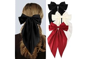 Loqpol 3 PCS Silky Satin Hair Bows, Oversized Long Tail Bows with Barrette Clips, Coquette Hair Accessories for Women and Girls (Black - Beige - Burgundy)