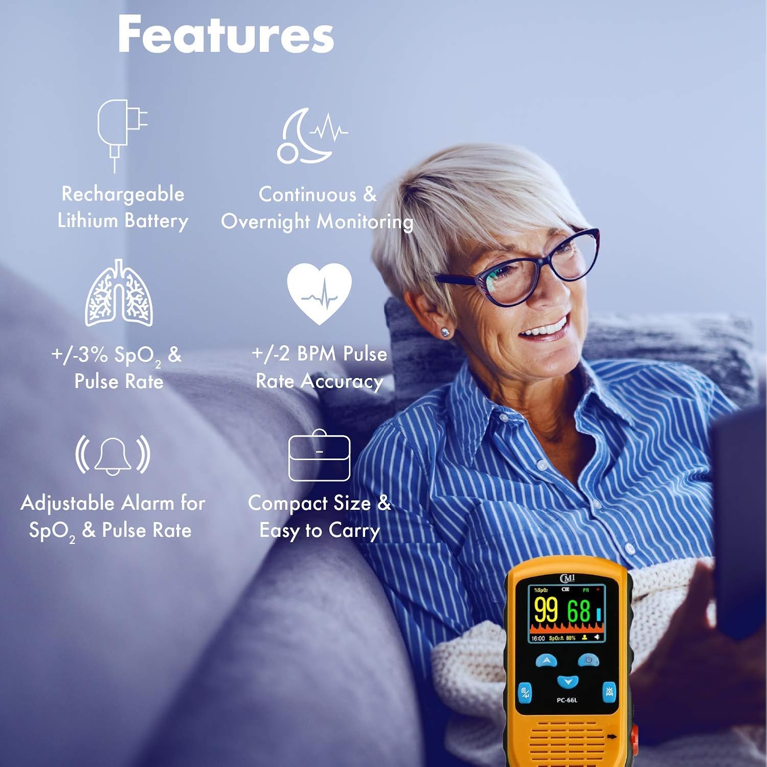 CMI Health Rechargeable Pulse Oximeter - Adult Finger Sensor for Continuous Monitoring & Spot-Checking - Adjustable Alarm for Pulse Rate and SpO2 Levels - Carry Case, AC Adapter Included: Health & Personal Care
