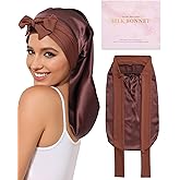 AWAYTR 100% Mulberry Silk Bonnet - Long Hair Cap for Sleeping Tie Band Bonnet for Braids Curly Hair