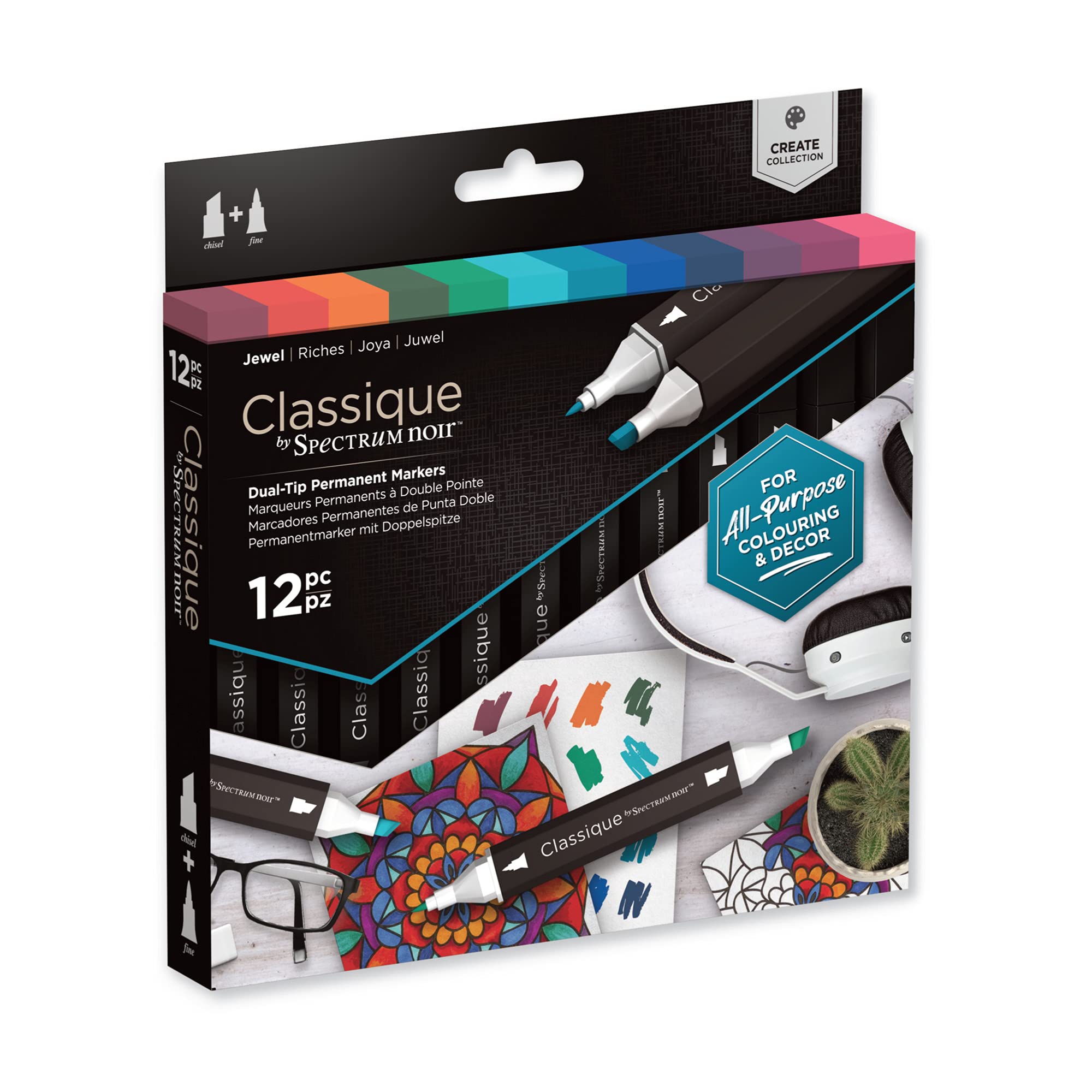 Crafter's Companion Spectrum Noir Classique Blend Twin Tip Blendable Alcohol Based Marker Set with Japanese Nibs - Pack of 12 - Perfect for Colouring, Drawing & Illustration (Jewel Pack) โ image 1