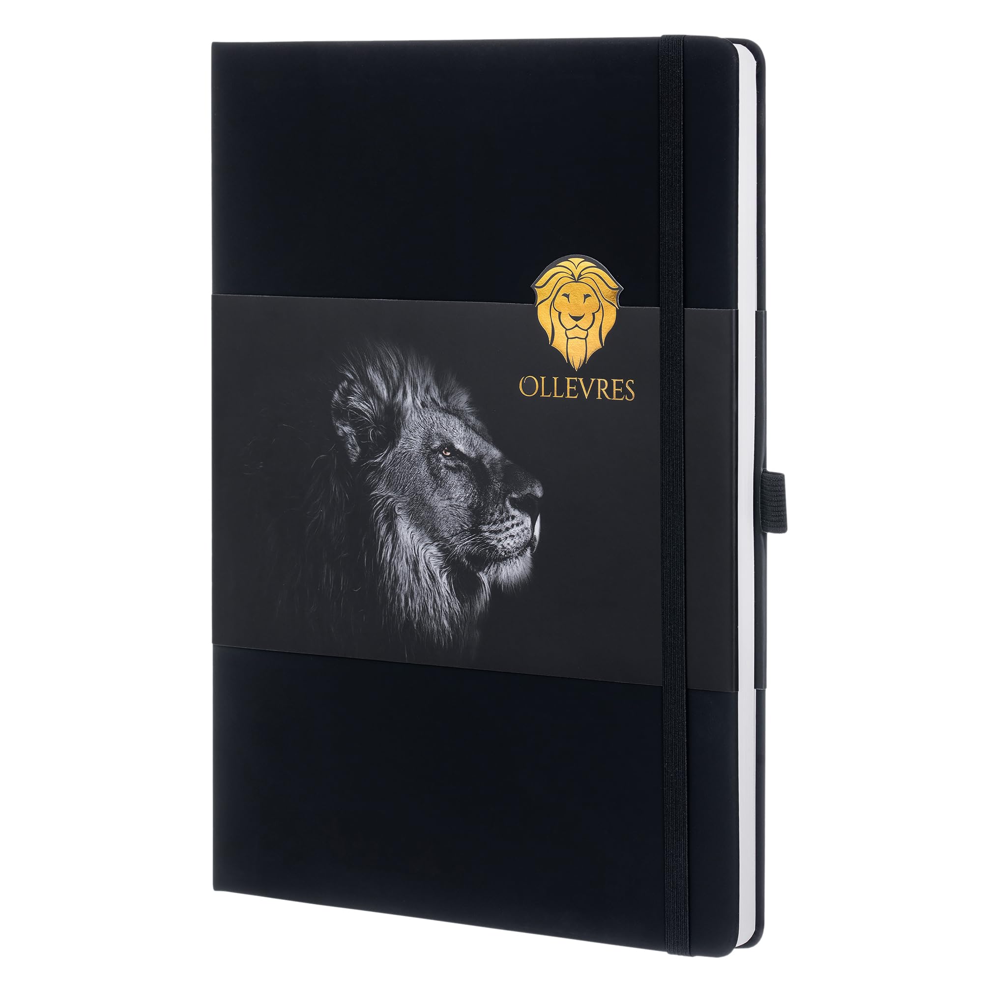 OLLEVRES - Notebook DIN A4, lined with 100 g/m² premium paper, 192 pages, soft-touch hardcover, classic design, black, thread binding, pen holder, document pocket, elastic closure band