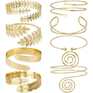 Tihebax 8 Pcs Arm Cuff Set - Upper Arm Bracelets for Women Arm Jewelry, Flexible Metal Cuffs & Bangles, Greek Leaf & Spiral D