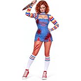 Halloween Killer Doll Costume for Women, Adult Creepy Doll Cosplay Set | Ready-to-Style Striped Top &amp; Blue Mini Skirt, Scar Tattoos, Two Sock Styles &amp; Party Prop for Cosplay Photos and Club Nights