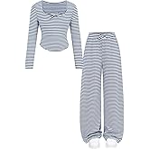 RoseSeek Girl's 2 Piece Outfits Bow Striped T Shirts and Wide Leg Pants Matching Sets Cute Fall Clothes
