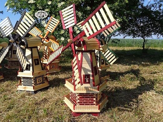 BTV Stabile Holz-Windmühle,WETTERFEST, Gartenwindmühle 100 cm, zweistöckig MIT 2 BALKONEN,WETTERFEST, Garten windmühlen, ohne