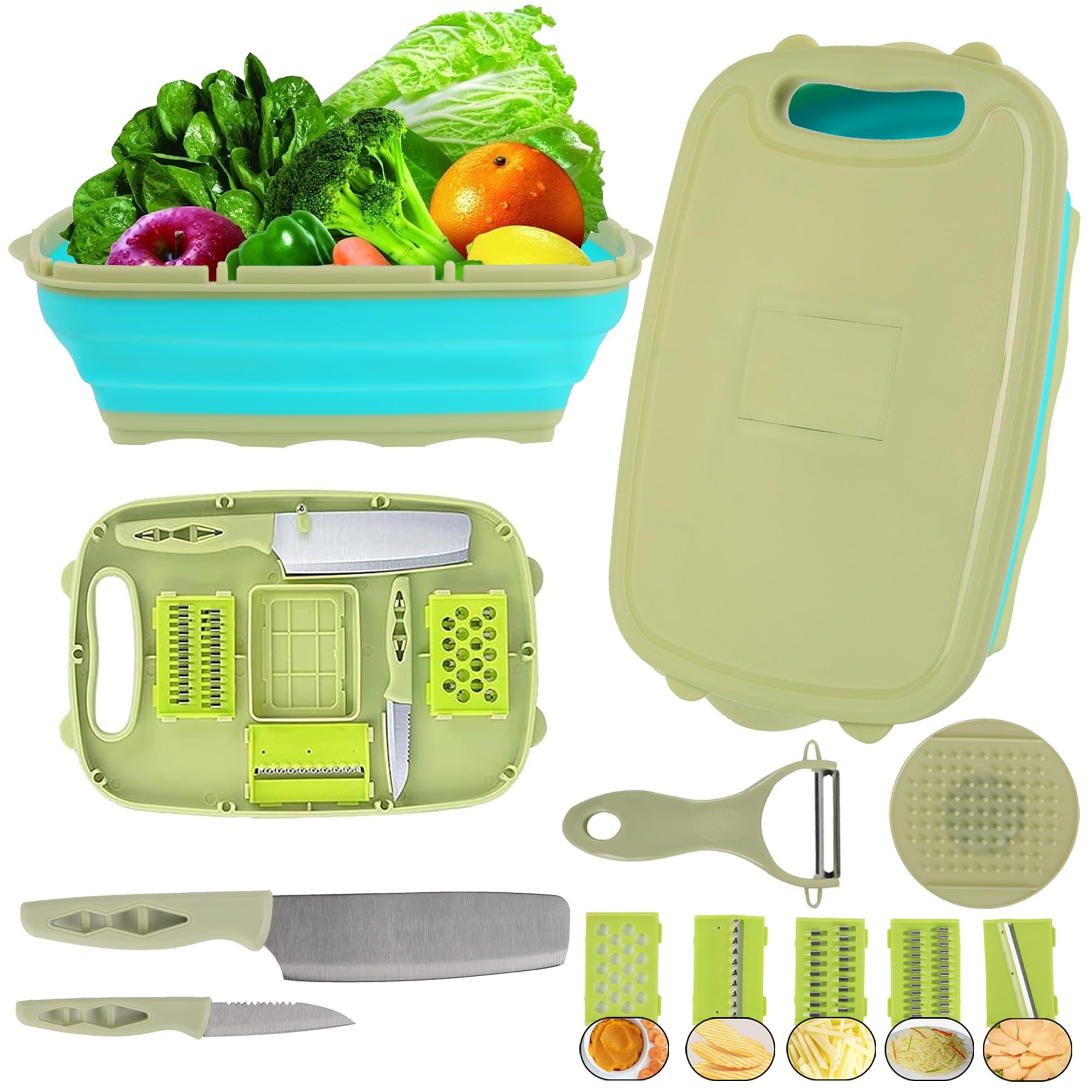 Photo 1 of Aussio RV Cutting Board Set 11-in-1 Camping Collapsible Cutting Board Multifunctional Chopping Board with Colander Camping Essential Collapsible Dish Tub Kitchen Food Chopper Vegetable Cutter - Green
