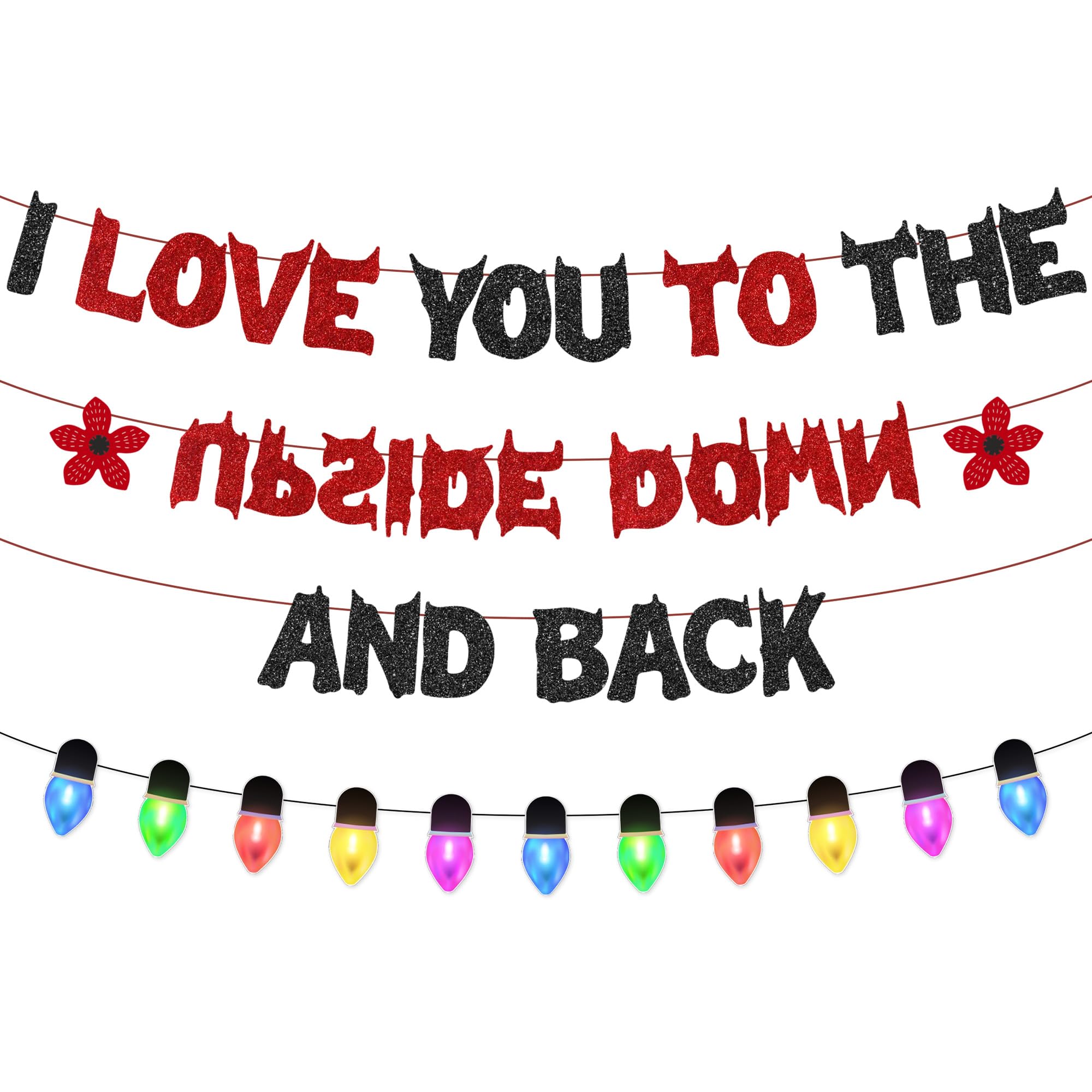 Pre-Strung I Love You to the Upside Down and Back Banner, Stranger Themed Party Decorations, Garland Decor for Valentines Day Birthday and Anniversary