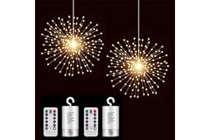 PXBNIUYA 2 Pack Starburst Sphere Lights,200 LLED Firework Lights, 8 Modes Dimmable Remote Control Waterproof Hanging Fairy Light, Copper Wire Light for Patio Parties Christmas (Battery Operated)