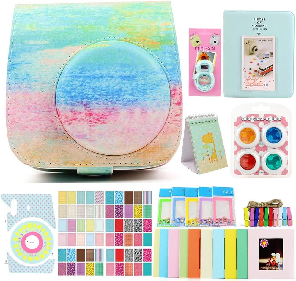 Funnideer 15 in 1 Accessories Bundles for Fujifilm Instax Mini 9 8+8 Instant Camera Case/Color Filters/Selfie Lens/Book Stand Album/Wall Hanging Stand Frame/Camera Film Corner Sticker (Rainbow Mist)