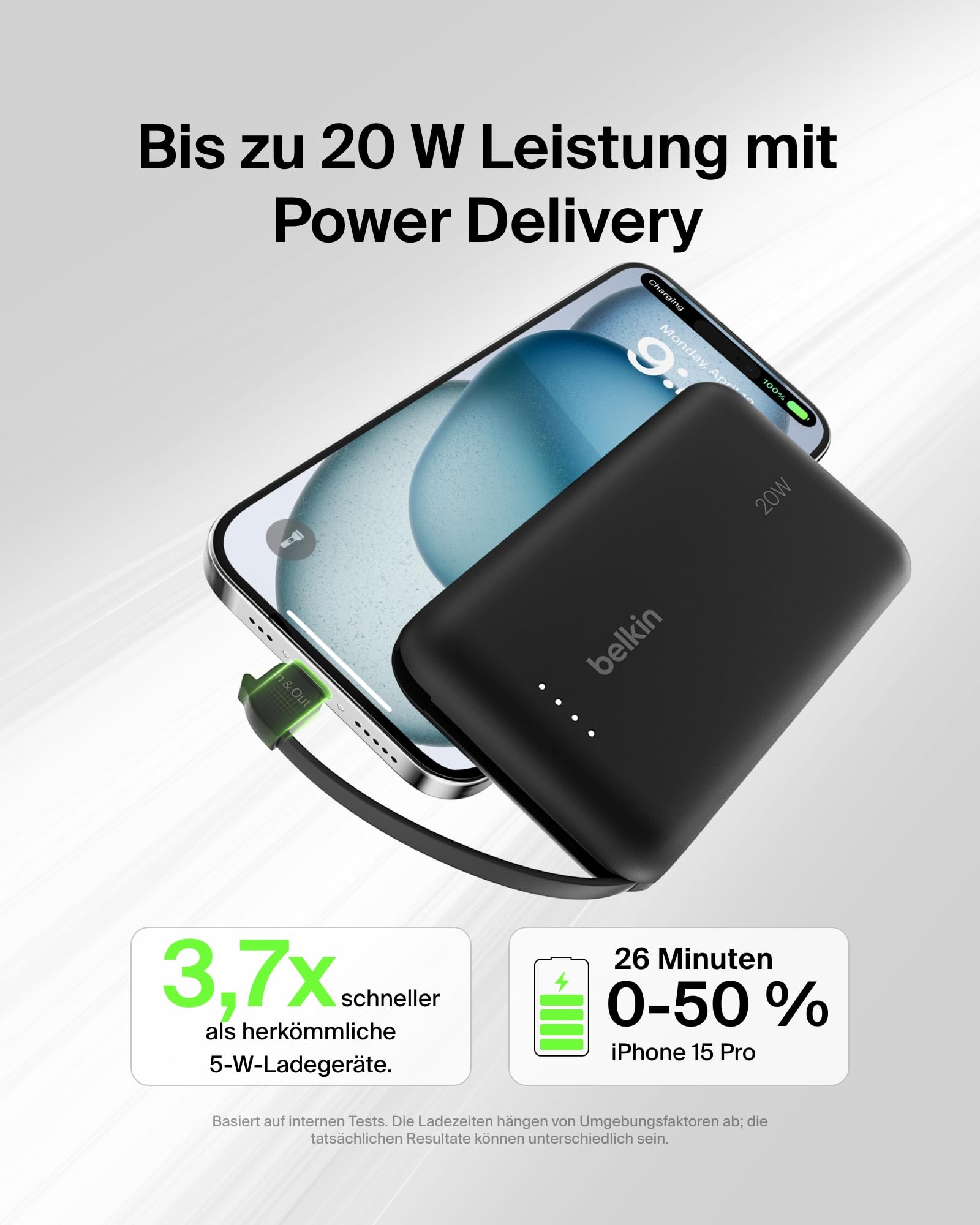 Belkin BoostCharge 10000mAh Power Bank, integriertes USB-C-Kabel – Schwarz 2