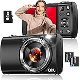 8K Digital Camera for Photography, 88MP WiFi Vlogging Camera for YouTube with Front Rear Lens, Autofocus, 16X Zoom, Compact Travel Cameras with Flash, Touch Screen, 64GB Card, 2 Batteries(Black)