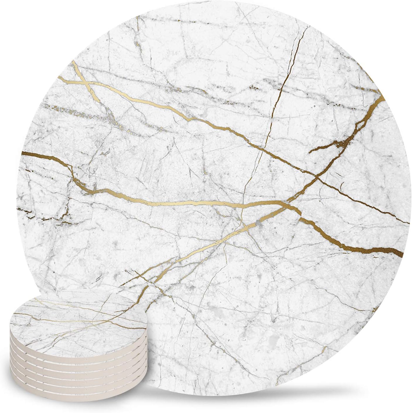 Chic D Gray Gold Absorbent Coaster for Drinks, Funny Stone Coasters Set with Cork Base Backing, No Holder, Set of 6 Suitable for Kinds of Cups and Mugs-Wild Symbol Marble