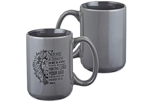 Christian Art Gifts Lion Gray Ceramic Coffee Mug – 14 oz. Microwave and Dishwasher-safe Inspirational Scripture Coffee and Tea Mug for Men and Women with Bible Verse: Strong & Courageous – Joshua 1:9