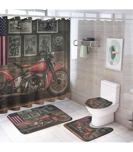 Brebasf Duschvorhang-Set Motorrad-Thema – 4-teilig Mit Matten & Haken, Wasserdicht, 183 X 183 Cm