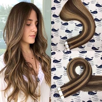 Amazon Com Hikyuu 14 Inches 20pcs 30g Tape In Seamless Skin Weft Hair Extensions Human Hair Dark Brown With Caramel Highlights 100 Real Remy Human Hair Extentions Beauty