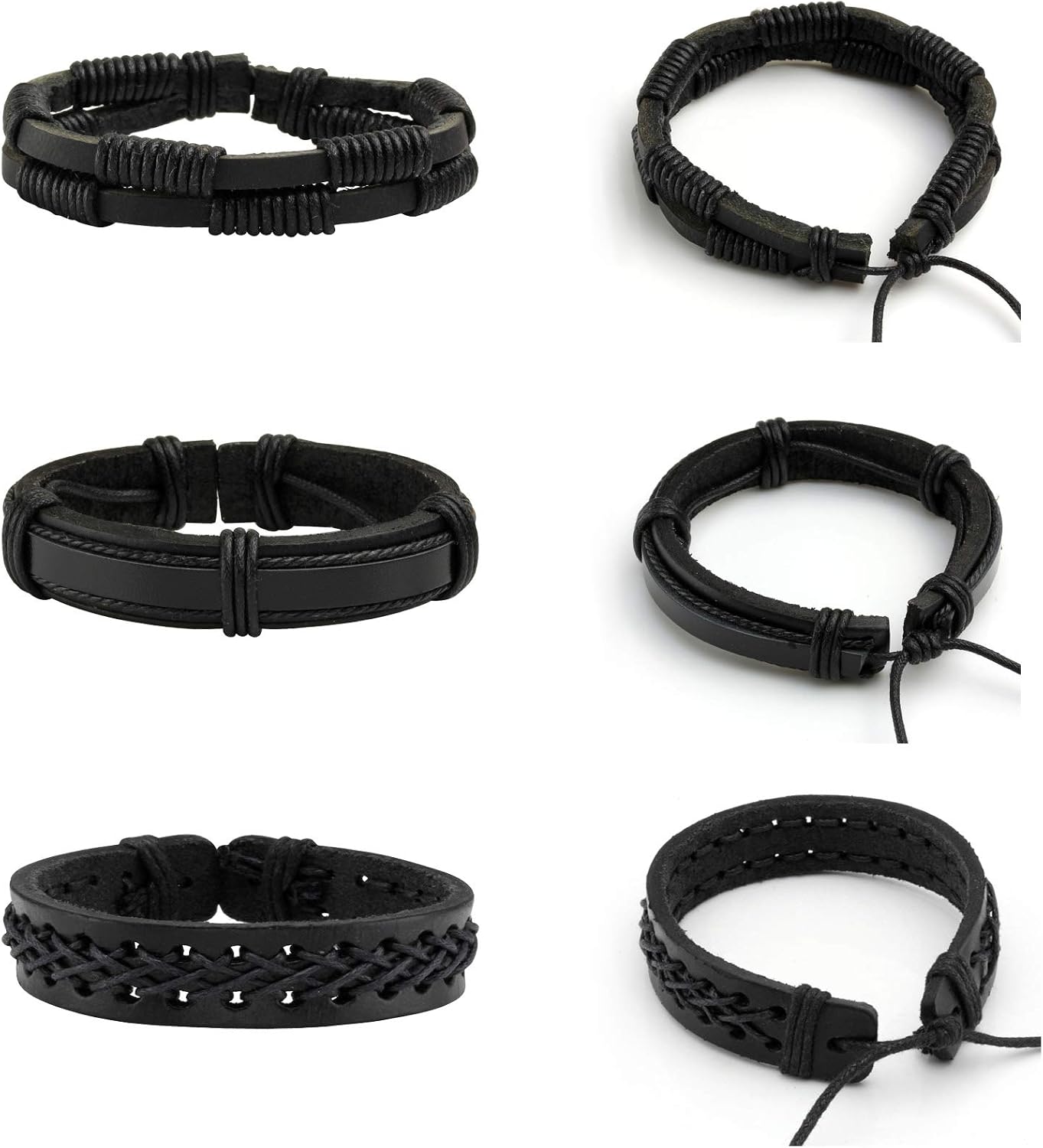 MILAKOO 6 Pcs Braided Leather Bracelets for Men Women Woven Cuff Bracelet Adjustable, Black - Image 4