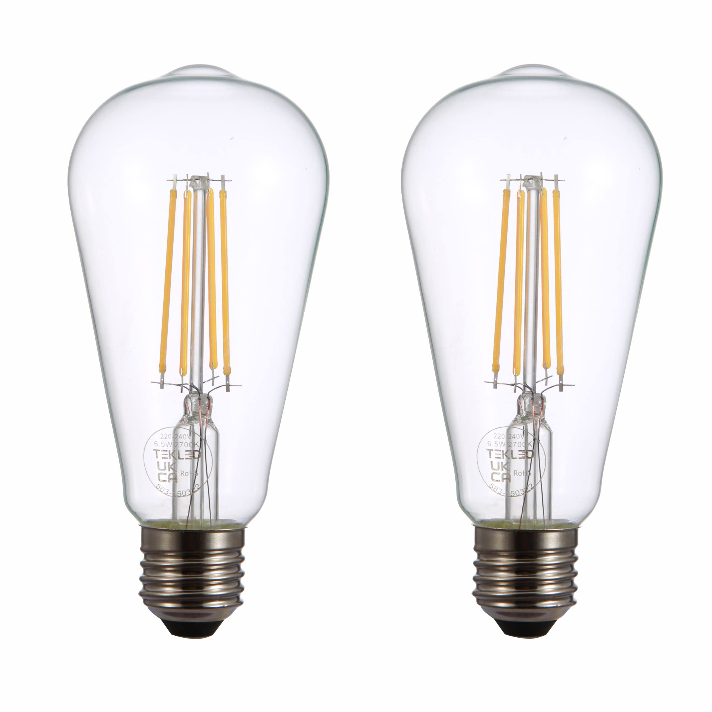 TEKLED® ST64 Filament Vintage DIMMABLE LED Bulbs | E27 Edison Screw | Energy Saving 6.5W Light Bulb 60W Equivalent | Clear 2700K 806LM | 2-Pack | Warm White