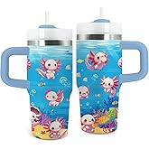 Axolotl Gifts for Girls - 14oz Blue Kids Axolotl Tumbler with Handle and Straw, Stainless Steel Insulated Water Cup, for Sport, School, Travel - Axolotl Lovers Gift for Children Birthday Gift Cup(1pc)