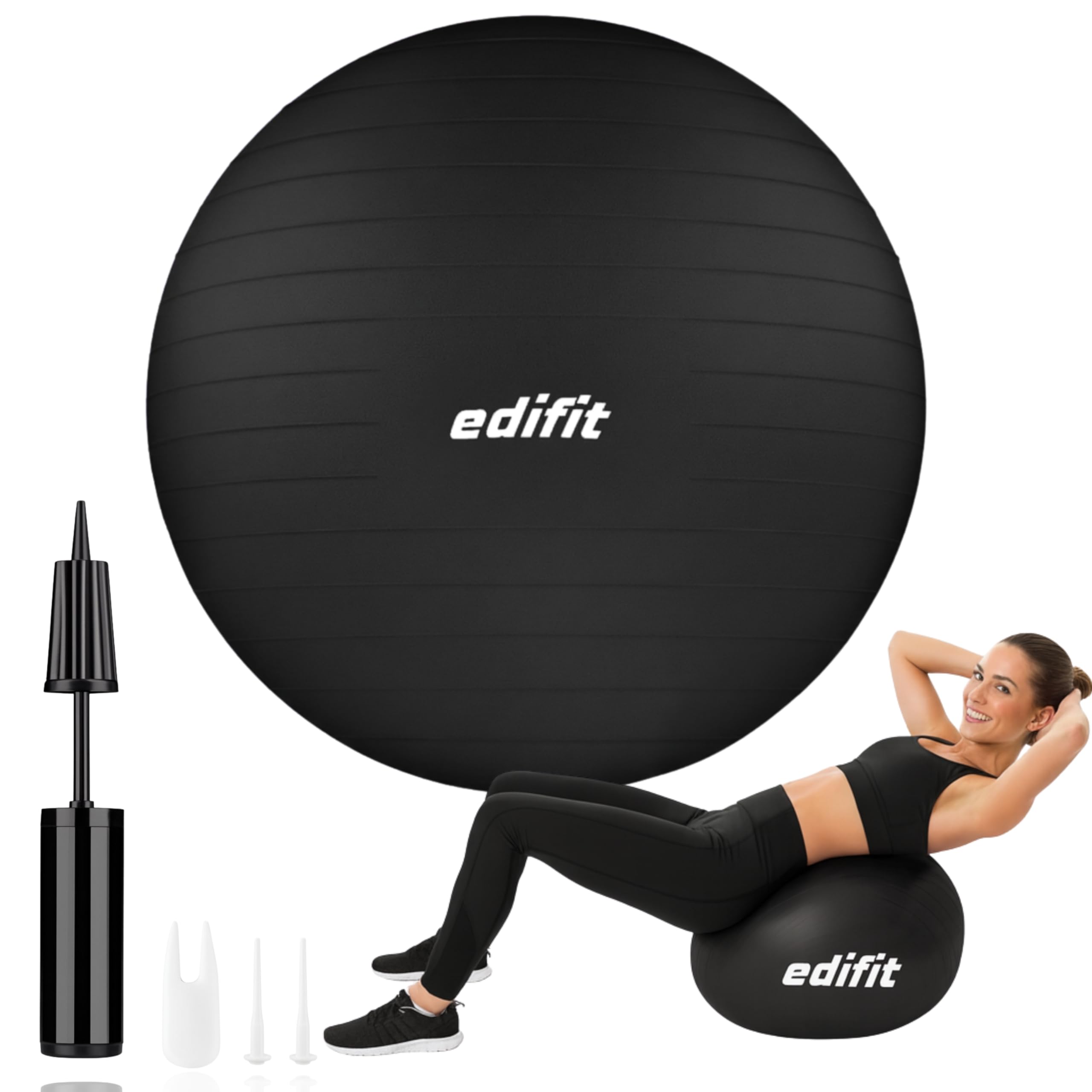 EDIFIT, Pilates Ball, 55.65 and 75, Home Exercise, Includes Pump, Fitball, Pregnant, Yoga Accessories, Gym, Various Sizes (75 cm, Black)
