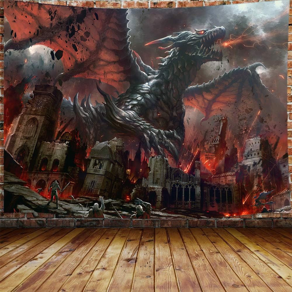 JAWO Fantasy World Tapestry Wall Hanging, Medieval Red Dragon and Human War Mythology Themed Art Tapestries Home Decoration Wall Decor (71W X 60H)