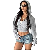 SHENHE Women's Cropped Zip Up Hoodie Y2k Drawstring Workout Fall Sweatshirt Jacket with Pockets