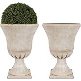 Worth Garden Plastic Urn Planters for Outdoor Plants, Tree 22'' Tall 2 Pack Round Classic Resin Flower Pots Indoor Beige Traditional Front Porch 15 in Dia. Large Imitation Stone Decorative Patio Deck