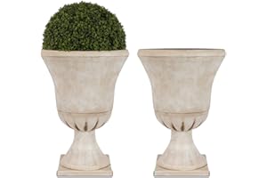 Worth Garden Plastic Urn Planters for Outdoor Plants, Tree 22'' Tall 2 Pack Round Classic Resin Flower Pots Indoor Beige Traditional Front Porch 15 in Dia. Large Imitation Stone Decorative Patio Deck